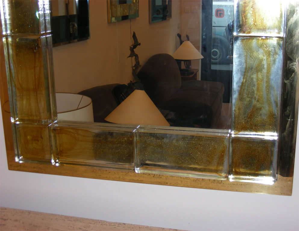 French Andre Hayat Mirror with Thick Gold Glass Brick Frame For Sale