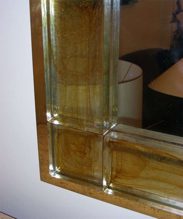 Andre Hayat Mirror with Thick Gold Glass Brick Frame For Sale 2