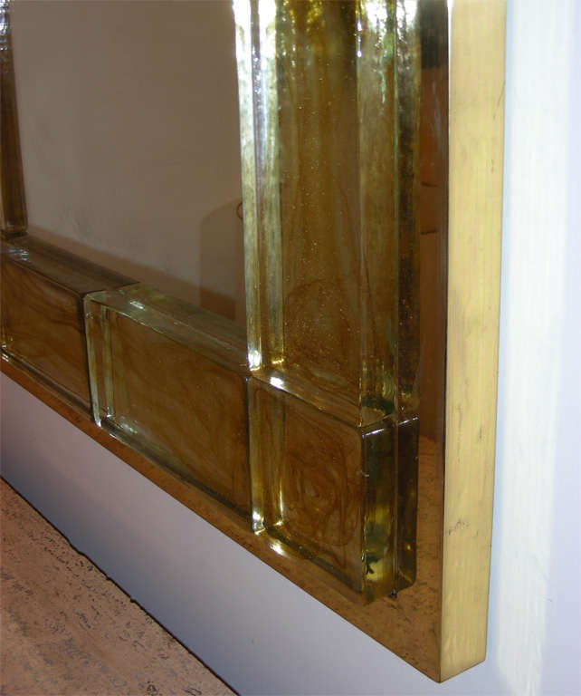 Andre Hayat Mirror with Thick Gold Glass Brick Frame For Sale 4