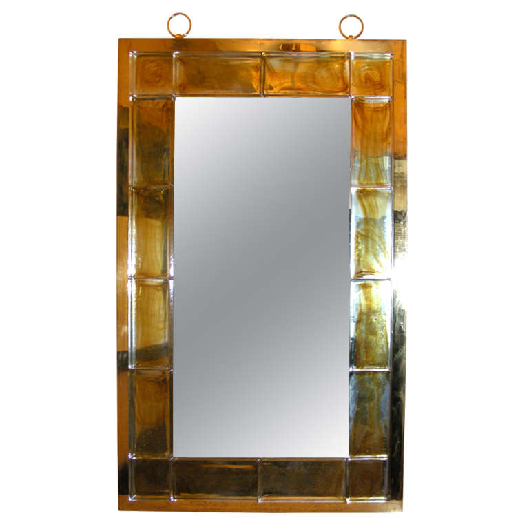 Andre Hayat Mirror with Thick Gold Glass Brick Frame For Sale