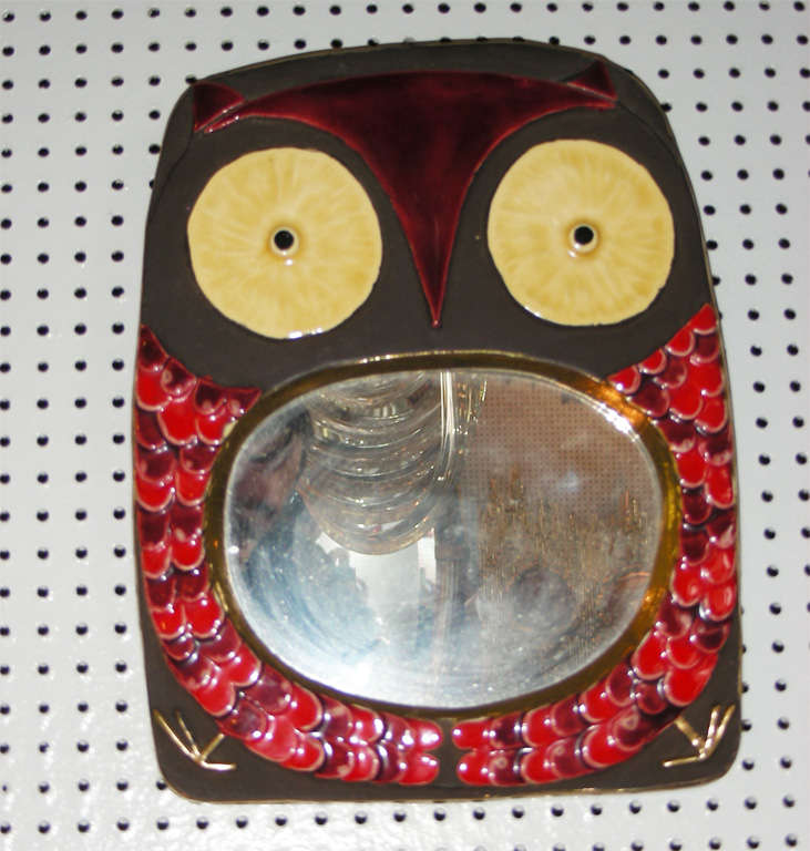 1960s mirror with Vallauris ceramic frame representing an owl.