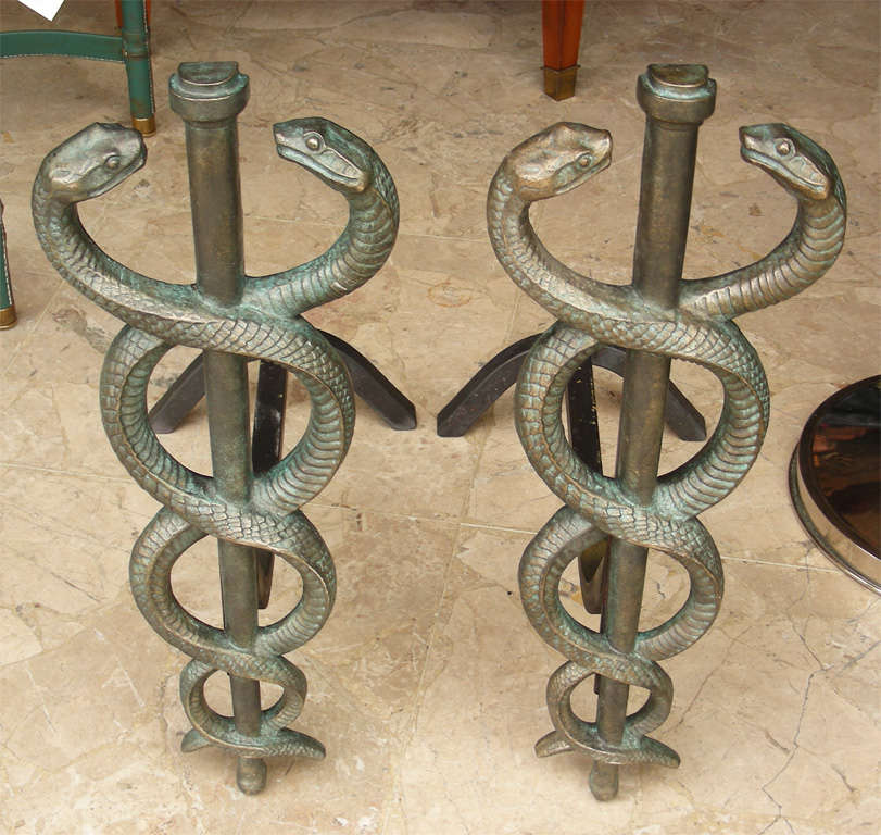 Two 1930s patinated bronze andirons, decorated with two affronted snakes. Attributed to Edgar Brandt.
