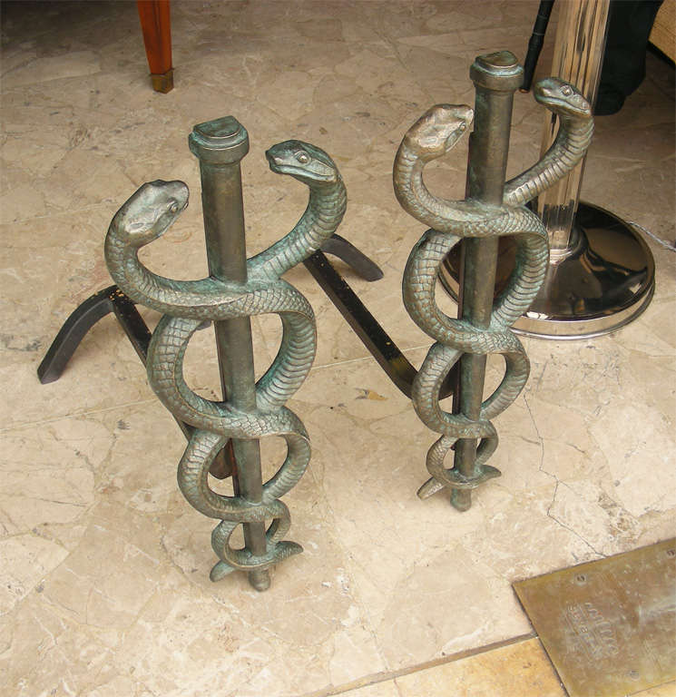 French Two 1930s Bronze Andirons Decorated with Snakes