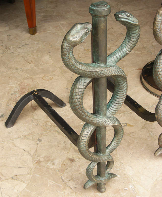 Two 1930s Bronze Andirons Decorated with Snakes In Excellent Condition In New York, NY