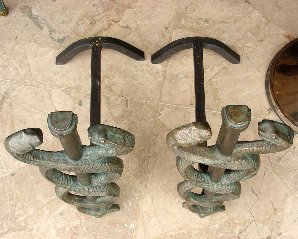Two 1930s Bronze Andirons Decorated with Snakes 1