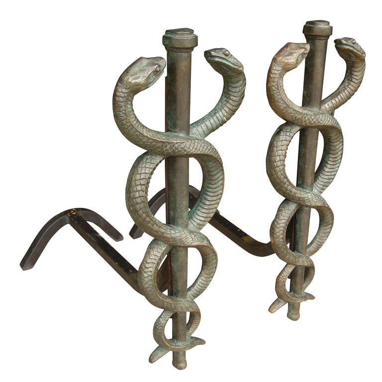Two 1930s Bronze Andirons Decorated with Snakes