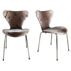Pair of Arne Jacobsen chairs upholstered with sealskin