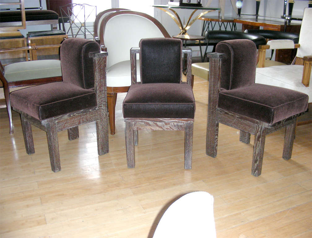 Architect's designed for himself set of three modernist chairs for his reception in cerused oak and newly recovered in brown mohair.