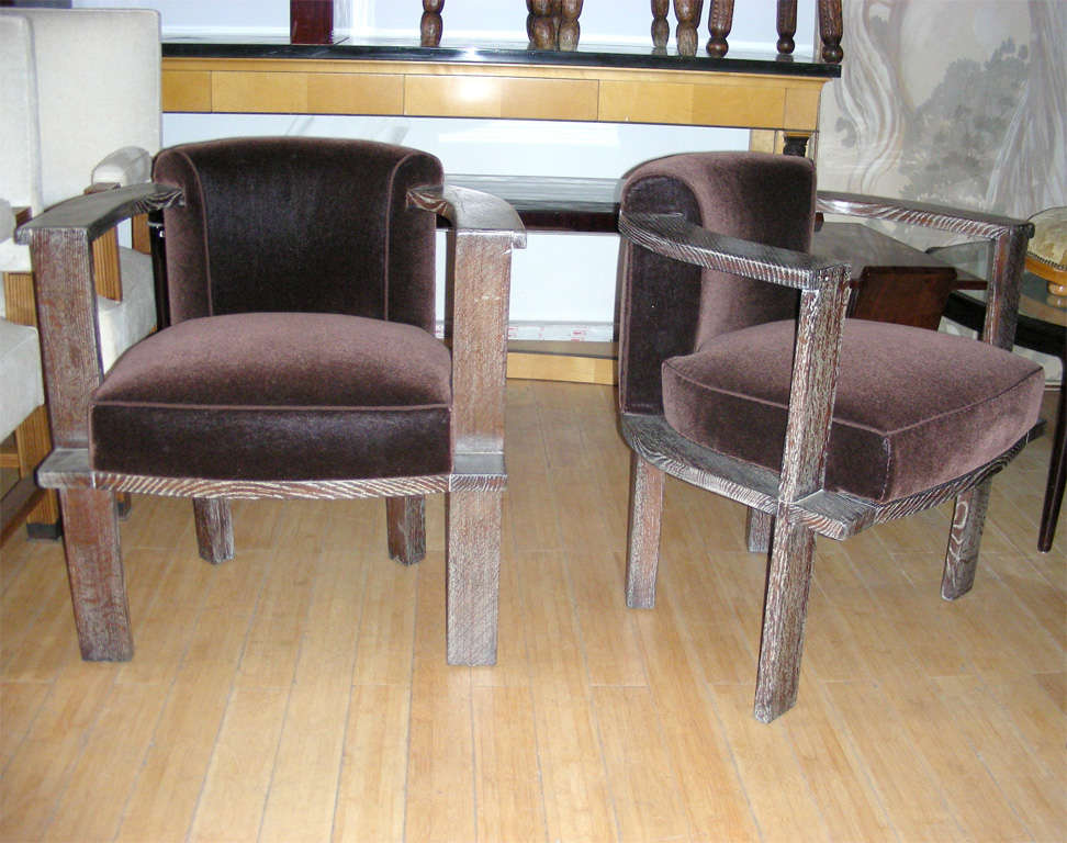 Architect's designed for himself pair of modernist armchairs in cerused oak and newly recovered in brown mohair.