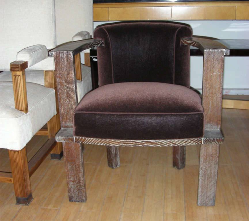 French Modernist Architect Armchairs in Cerused Oak and Mohair Velvet For Sale