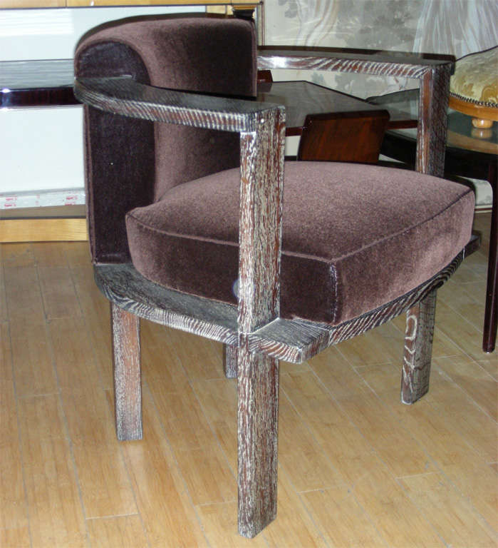 Modernist Architect Armchairs in Cerused Oak and Mohair Velvet In Excellent Condition For Sale In Paris, ile de france