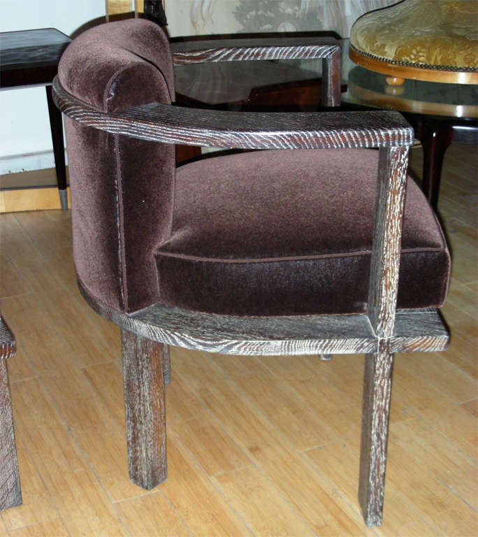 Mid-20th Century Modernist Architect Armchairs in Cerused Oak and Mohair Velvet For Sale