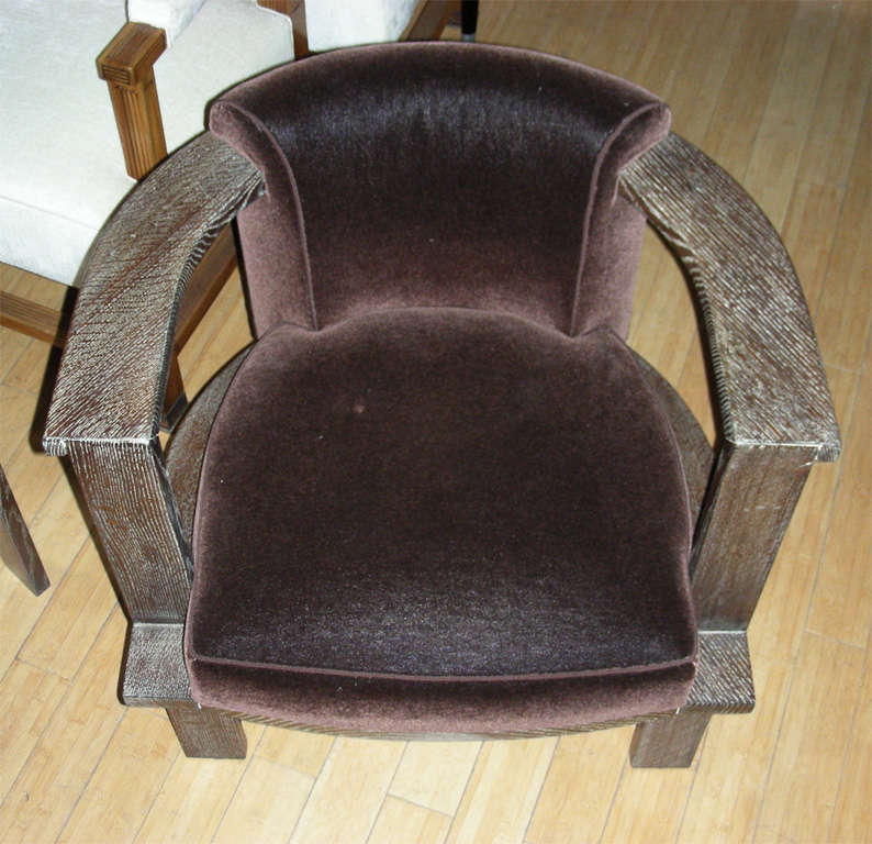 Modernist Architect Armchairs in Cerused Oak and Mohair Velvet For Sale 2