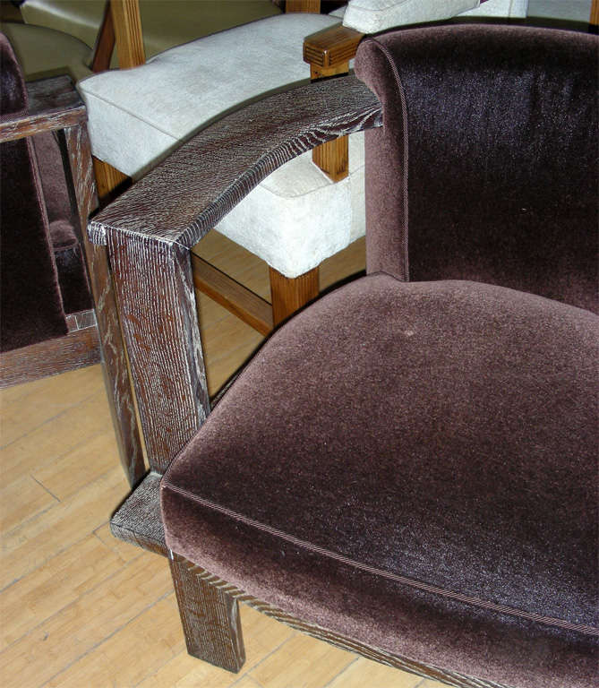 Modernist Architect Armchairs in Cerused Oak and Mohair Velvet For Sale 3