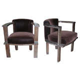 Modernist Architect Armchairs in Cerused Oak and Mohair Velvet