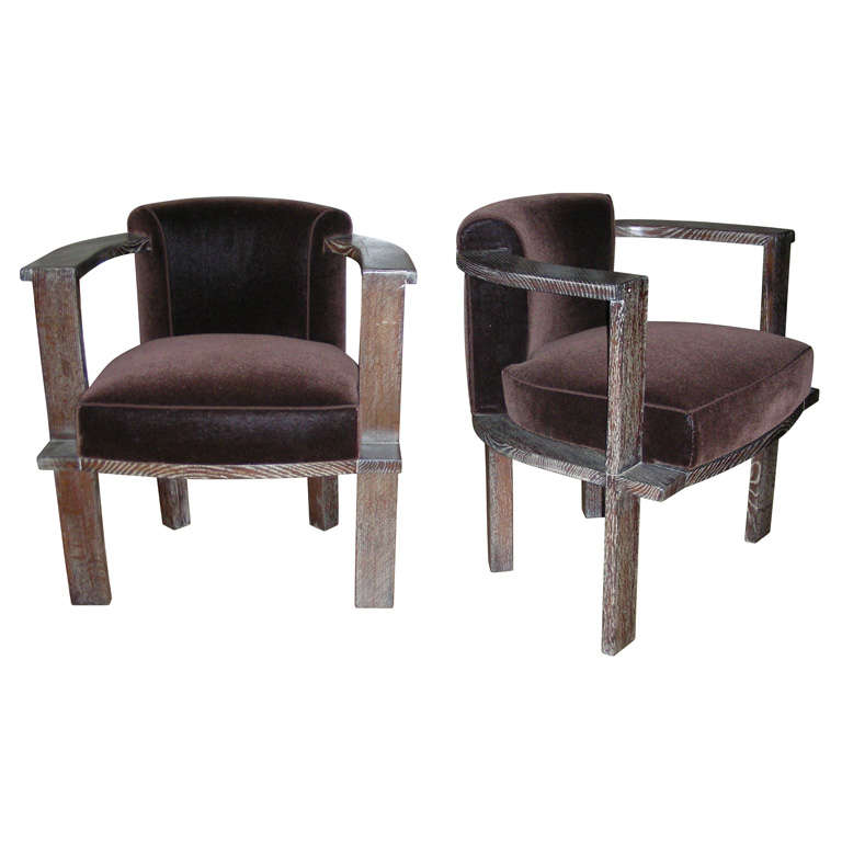 Modernist Architect Armchairs in Cerused Oak and Mohair Velvet For Sale
