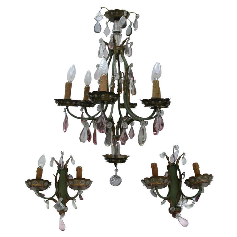 1920s Chandelier and Two Matching Sconces attributed to Maison Baguès