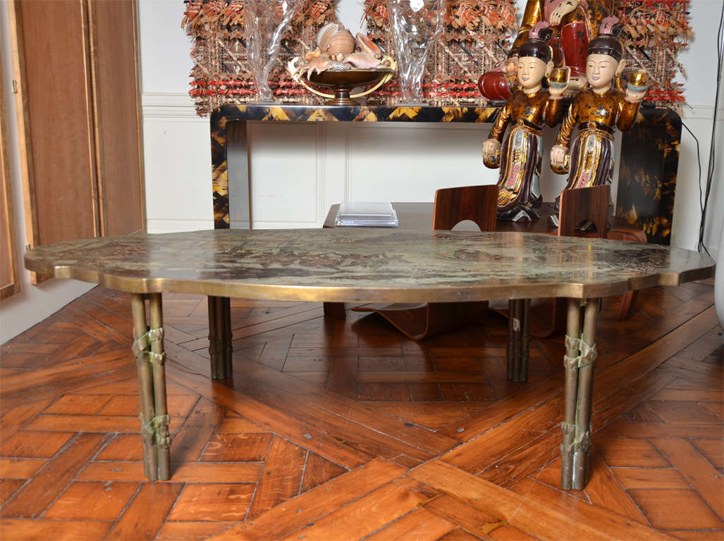 Mid-Century Modern An Oval Shaped Philip And Kelvin Laverne Chinoiserie Coffee Table. For Sale