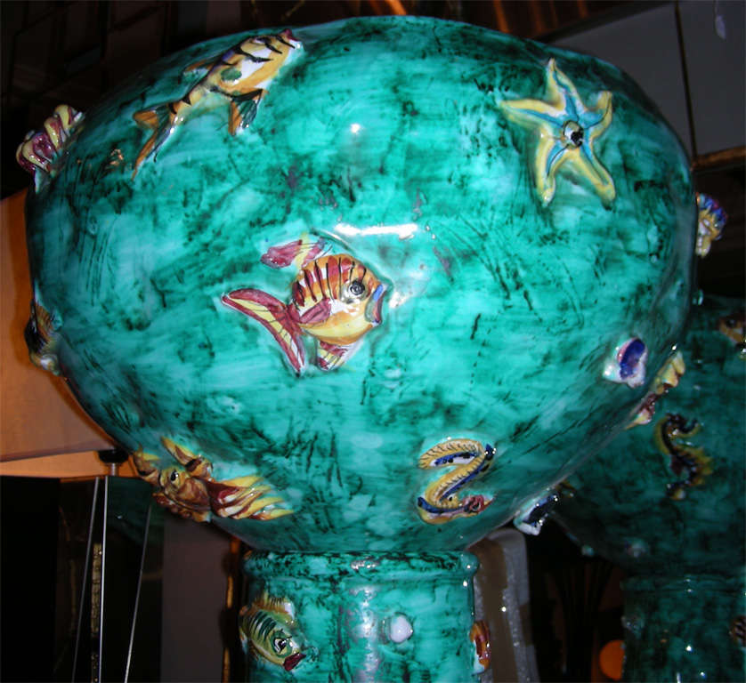 Italian Glazed Ceramic Column with Aquatic Decoration, Vietri Sul Mare, Italy 1960 For Sale