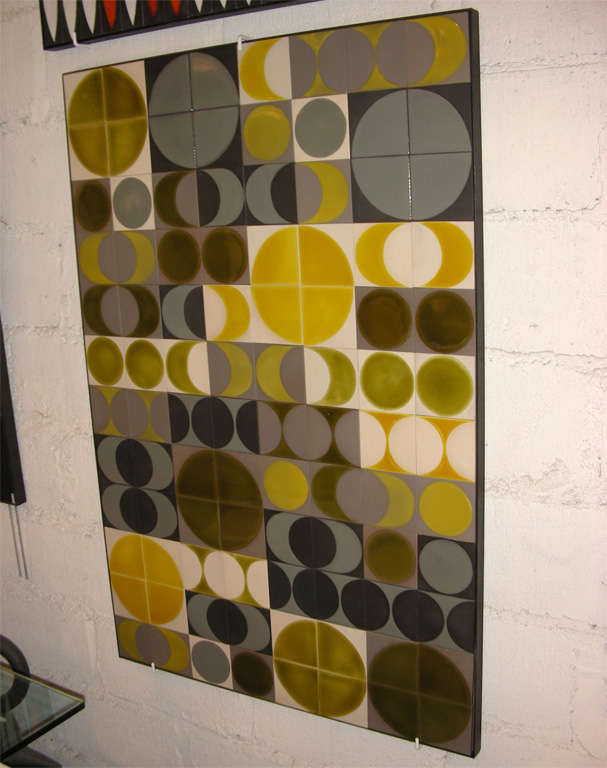 Decorative panel made with 1960s Roger Capron's tiles in a geometric design created by Gilbert Portanier.
Contemporary mounting; framed in metal.

For any further information, pictures, shipping quotes, do not hesitate to contact us prior