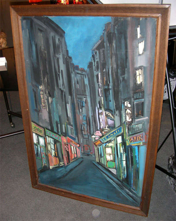 Vista de una calle francesa de 1978 (París o Marsella) por Claude Candela - no firmada. Pintado sobre isorel (una mezcla de serrín y papel comprimido).