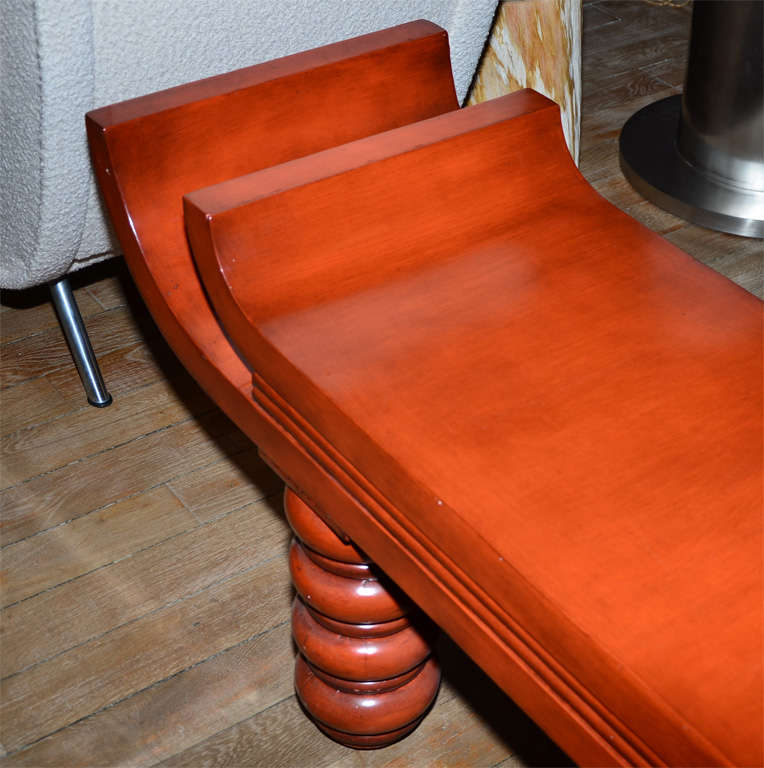 An unusual red lacquered  bench in the style of Tony Duquette . In Excellent Condition For Sale In Paris, Ile-de-France