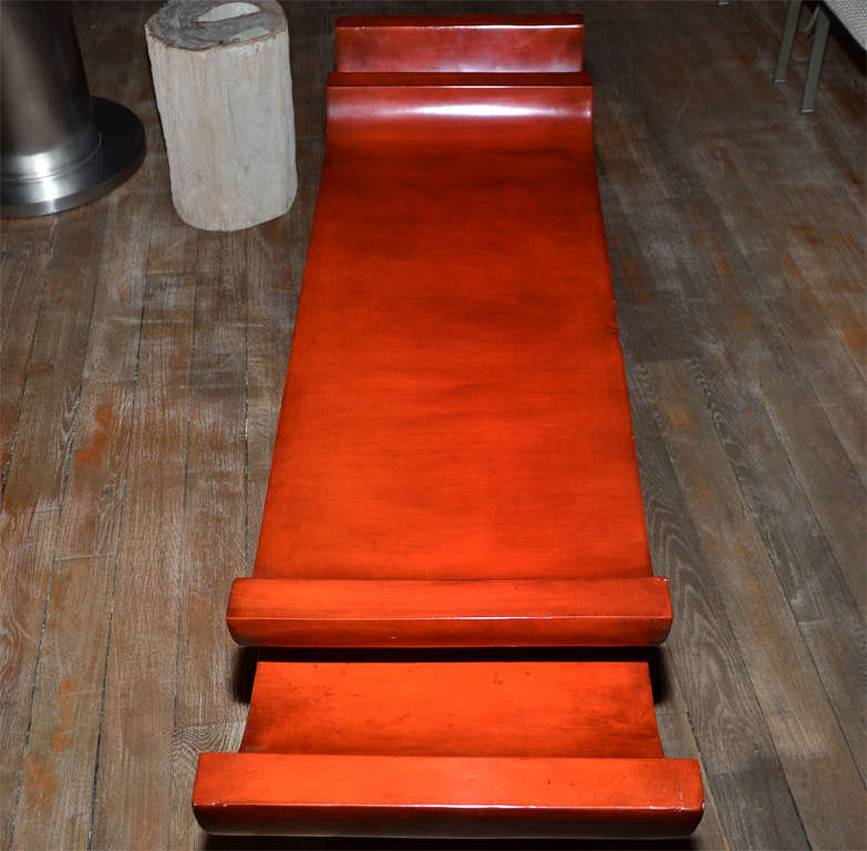 An unusual red lacquered  bench in the style of Tony Duquette . For Sale 3