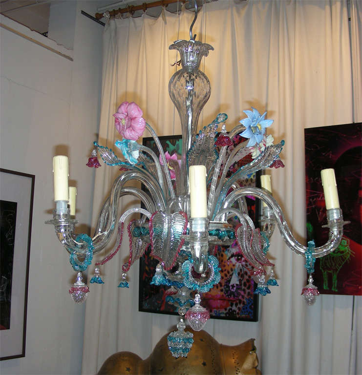 1900s Murano glass chandelier with blue and pink flowers; six branches. Original electric wiring with fabric coated wires, in working order.