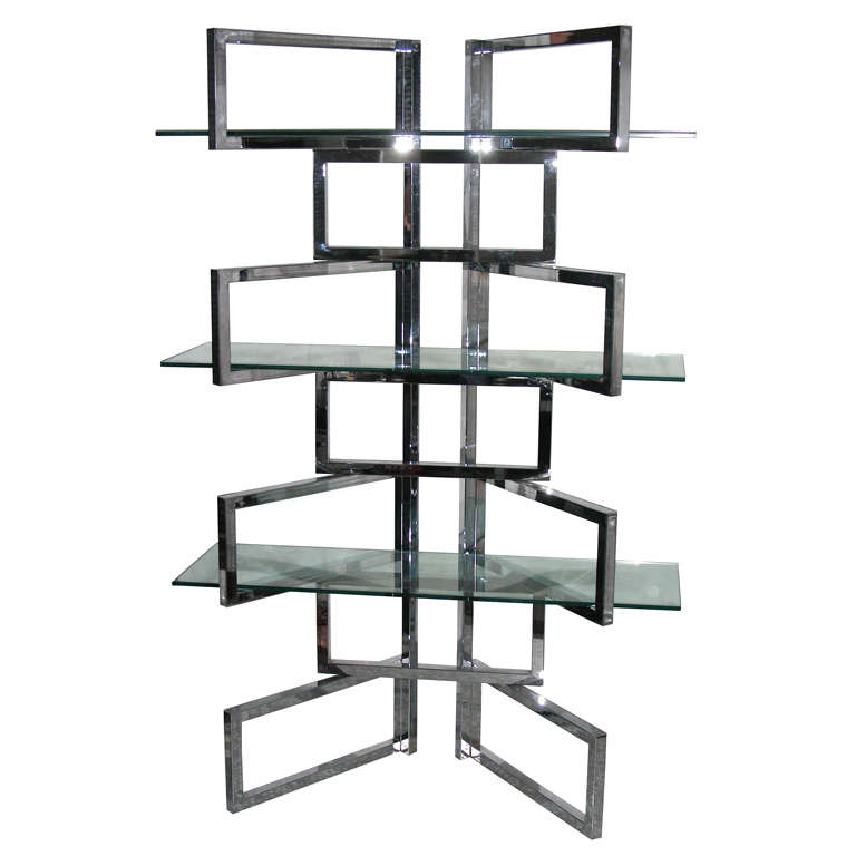 Sculptural, Adjustable Chrome And Glass Bar/Bookshelves