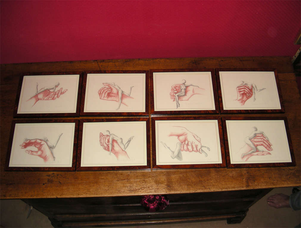 Eight 1998 studies in red and black chalk on paper, by  Frédérique Lombard Morel. Framed.