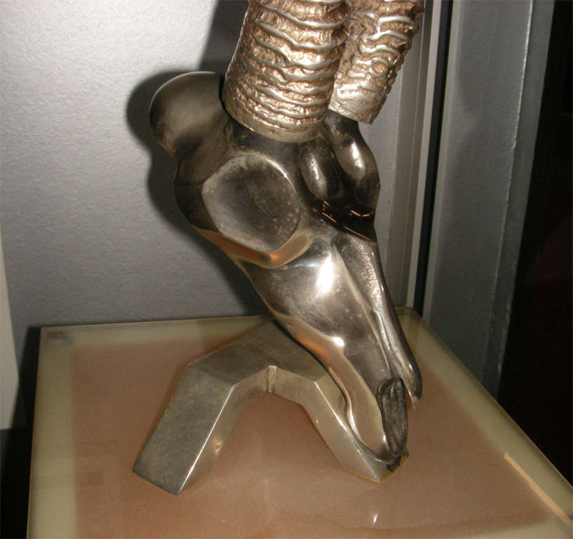 1970s nickeled bronze sculpture of an African animal head (perhaps an antelope), by Dicran, edited by Fondica France.