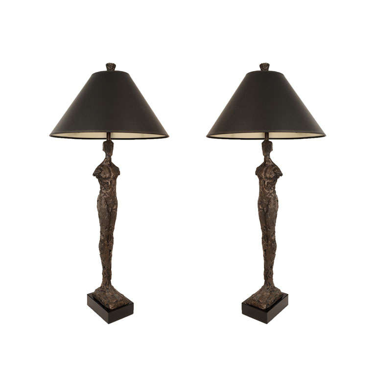 Pair of Bronze Sculpture Lamps with Marble Bases by Corbin