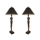 Vintage Pair of Bronze Sculpture Lamps with Marble Bases by Corbin