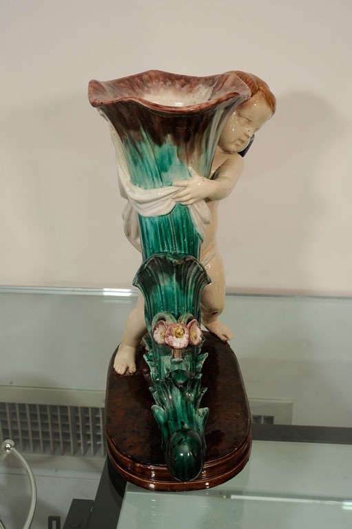 19th Century Majolica Cherub with Cornucopia For Sale