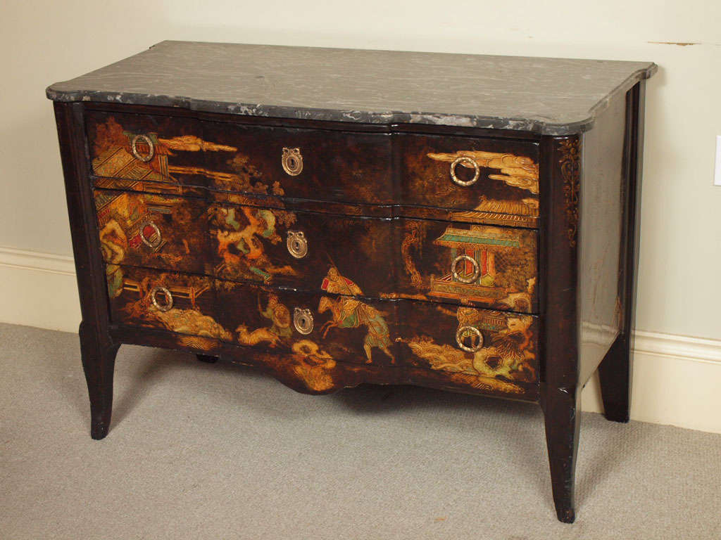 Antique French black lacquered commode. Louis XV, XVI transitional.