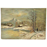 19th Century Folk Art Oil Painting On Wood/Snow Scene