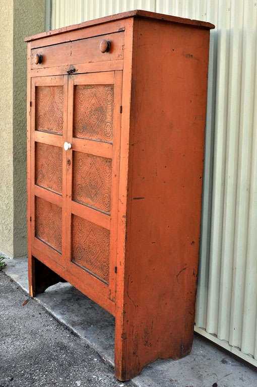19th Century Original Bittersweet Painted Punch Tin Doors/Pie Safe at