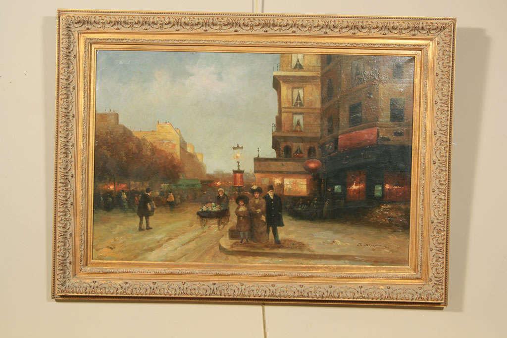 Finely painted oil on canvas of a Parisian street scene. Well detailed. 
