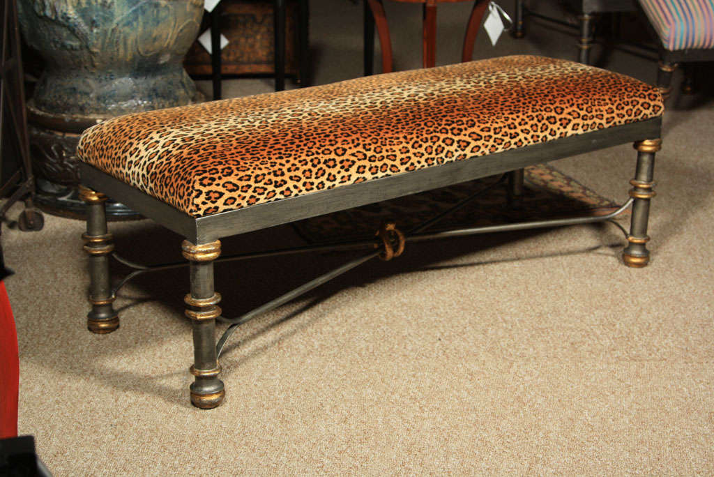 Pair of glamorous metal-based, leopard-print fabric upholstered long benches. Prov. Bogotta Hotel and Casino Atlantic City NJ.