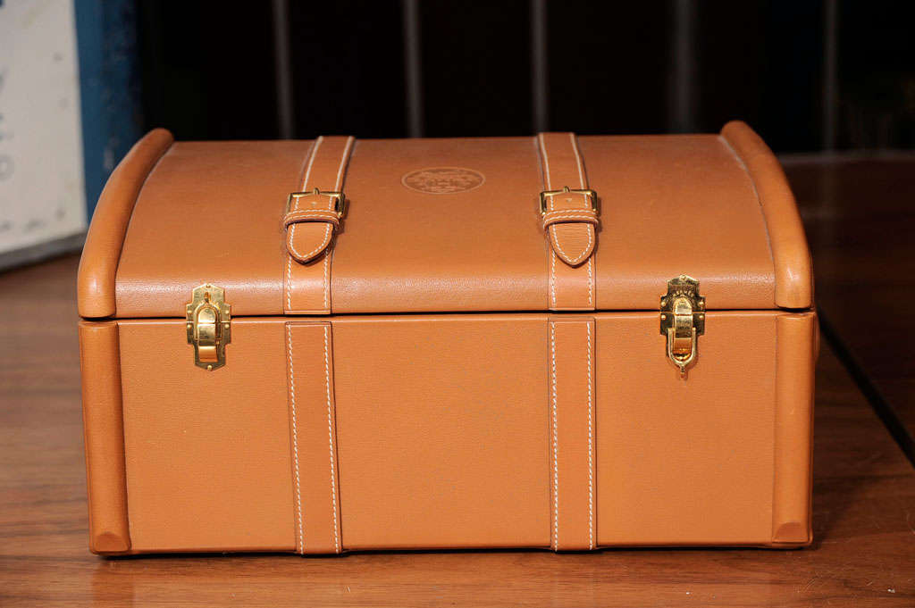 Rare hermes leather trunk custom made for a client in paris. The leather is all top stiched and hand constructed. Both the leather and the brass is signed Hermes