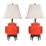 Pair of Poppy Ceramic Lamps on Brass Chinoiserie Bases