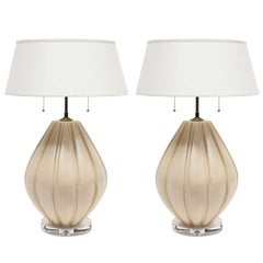 Pair of Beige Ribbed Ceramic Table Lamps