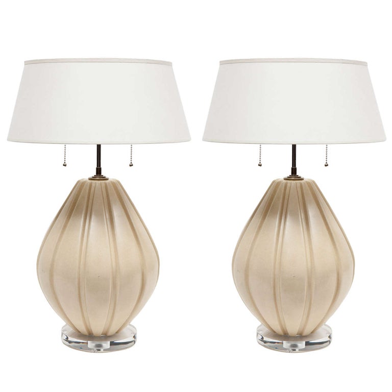 Pair of Beige Ribbed Ceramic Table Lamps at 1stDibs