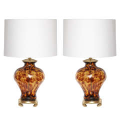 A Pair of 1960's Italian Art Glass tortoise shell Table Lamps