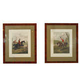 Pair antique English hunt scenes. Burl walnut frames