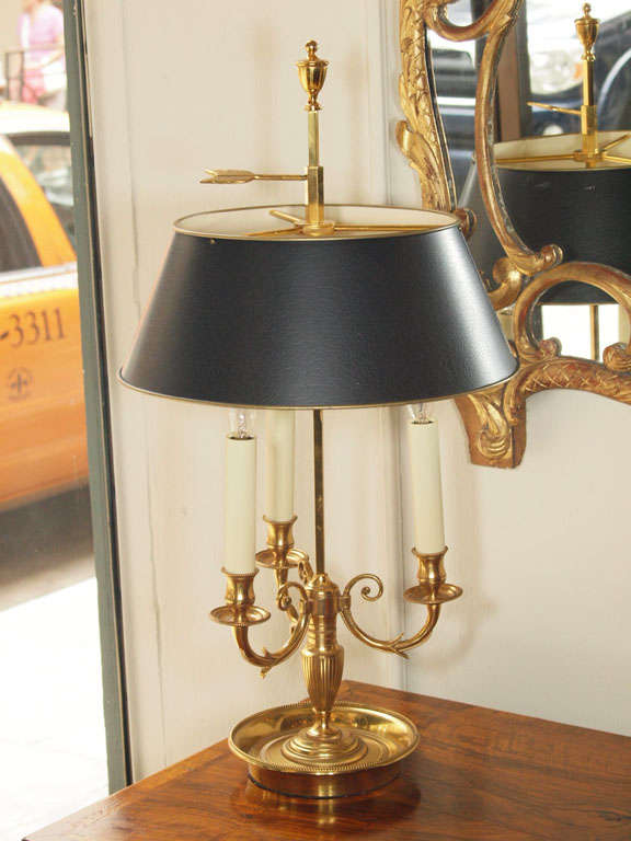 Antique French three light brass bouillote lamp with tole shade.