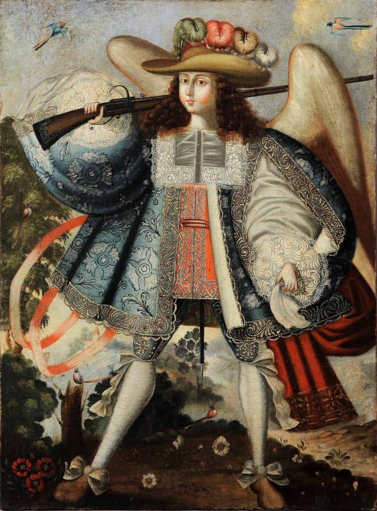 Unknown Portrait Painting - Angel Arcabucero (Spanish Colonial Arcangel of the Cuzco School)