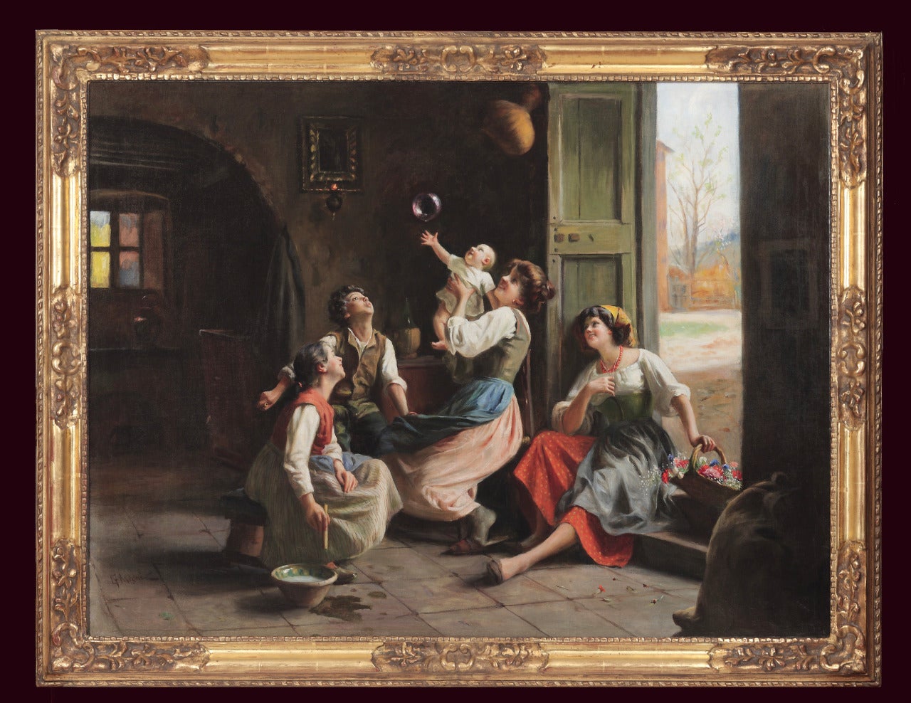 Giuseppe Magni Interior Painting - Playing with Bubbles (Genre/Interior Scene)