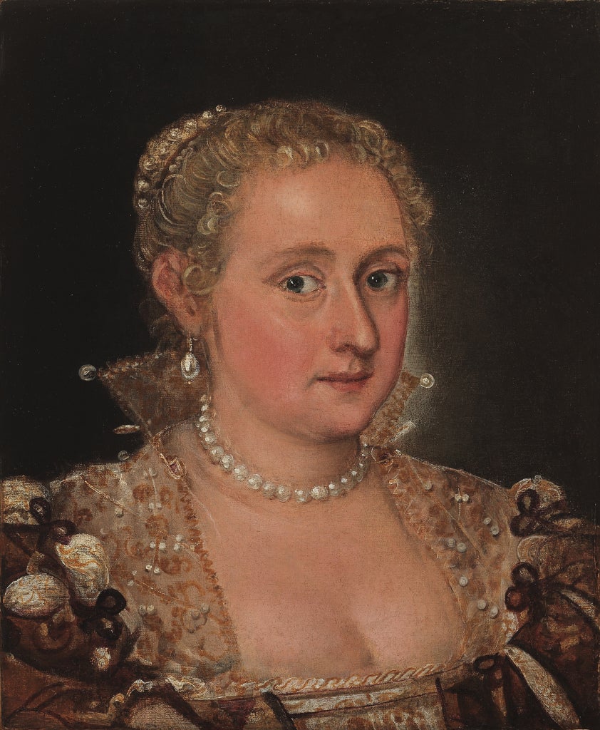 A 17th-century portrait of a finely dressed young woman by Venetian painter Domenico Tintoretto, offered by Robert Simon Fine Art