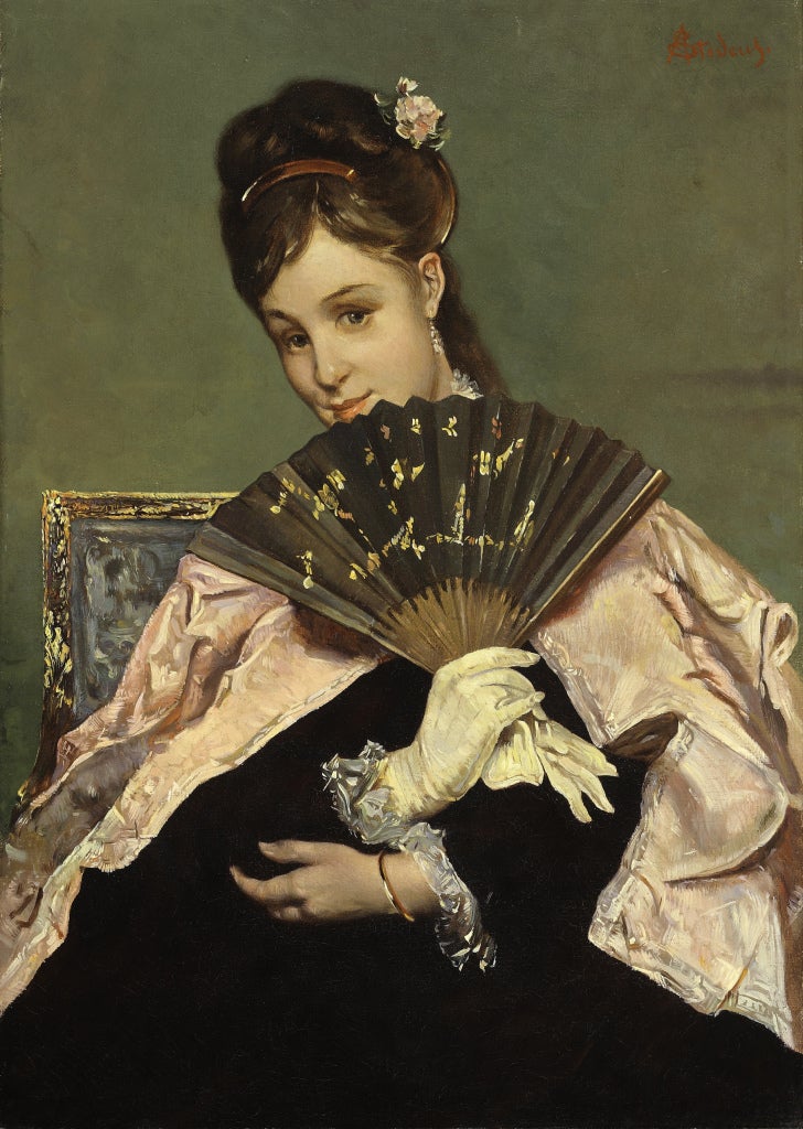 Portrait of a Young Lady with Fan - Painting by Alfred George Stevens